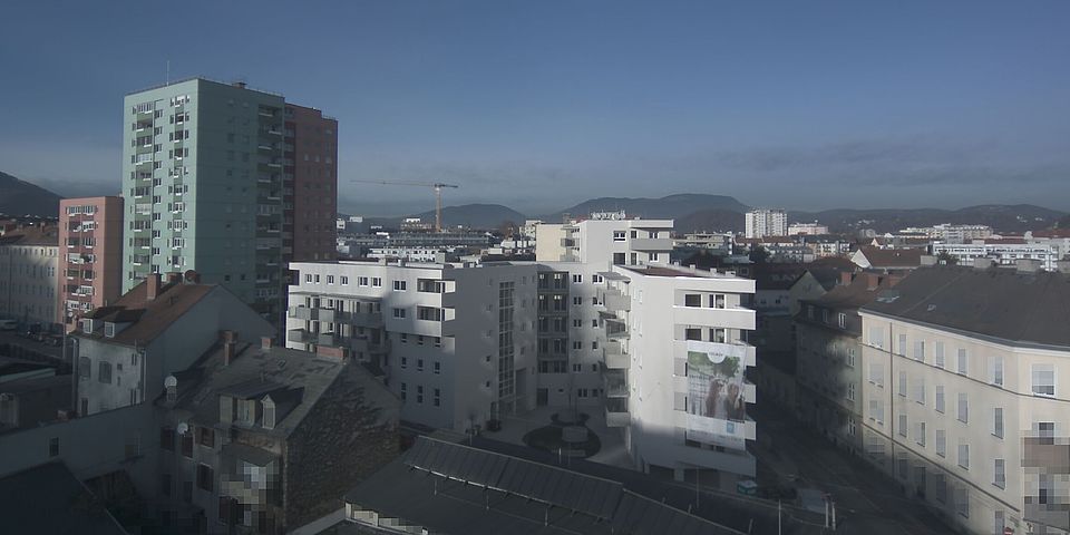 Livebild Baukamera 1 - Webcam 'Gesamtpanorama BV Wohnprojekt Idlhof' - Baustelle Idlhofgasse 40 (Ecke Ungergasse), Graz-Gries (ca. 5 Minuteninterval)